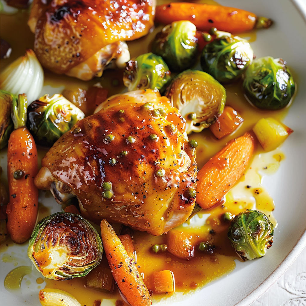 Des cuisses de poulet aux légumes comme carottes et brocolis sur un grand plat convivial.