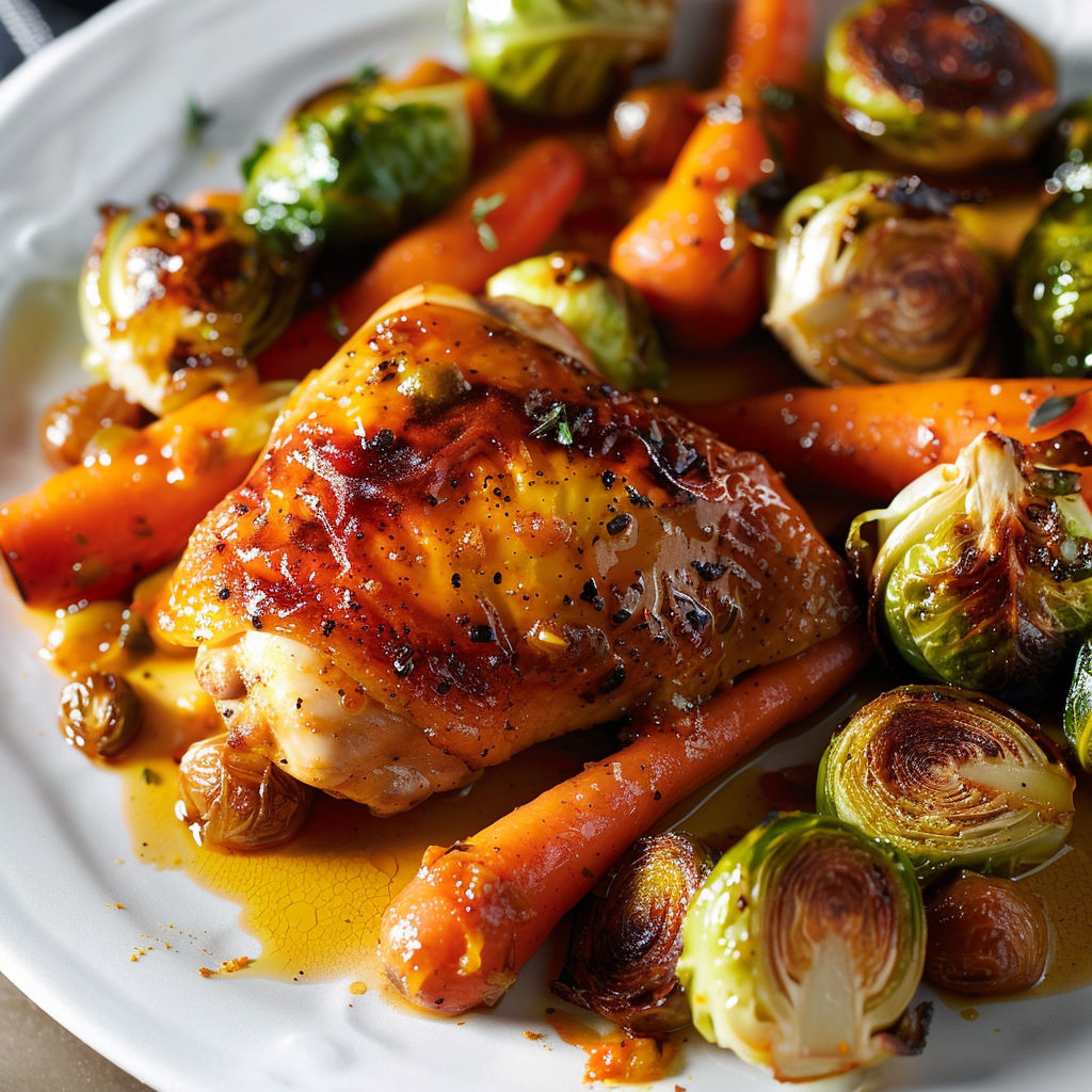 Des cuisses de poulet rôties avec carottes et légumes verts dans un plat familial.