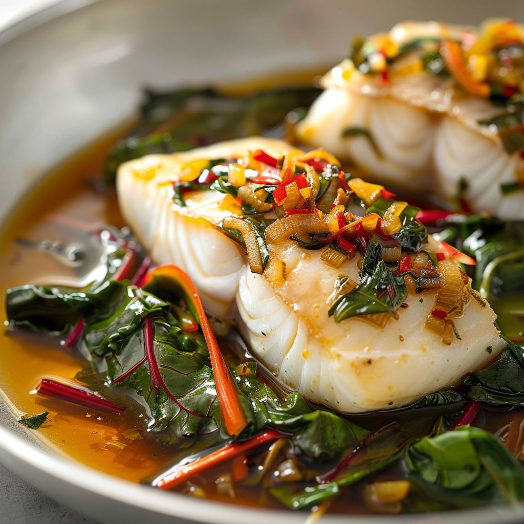 Bouillon gingembre avec poisson blanc et bettes à carde.