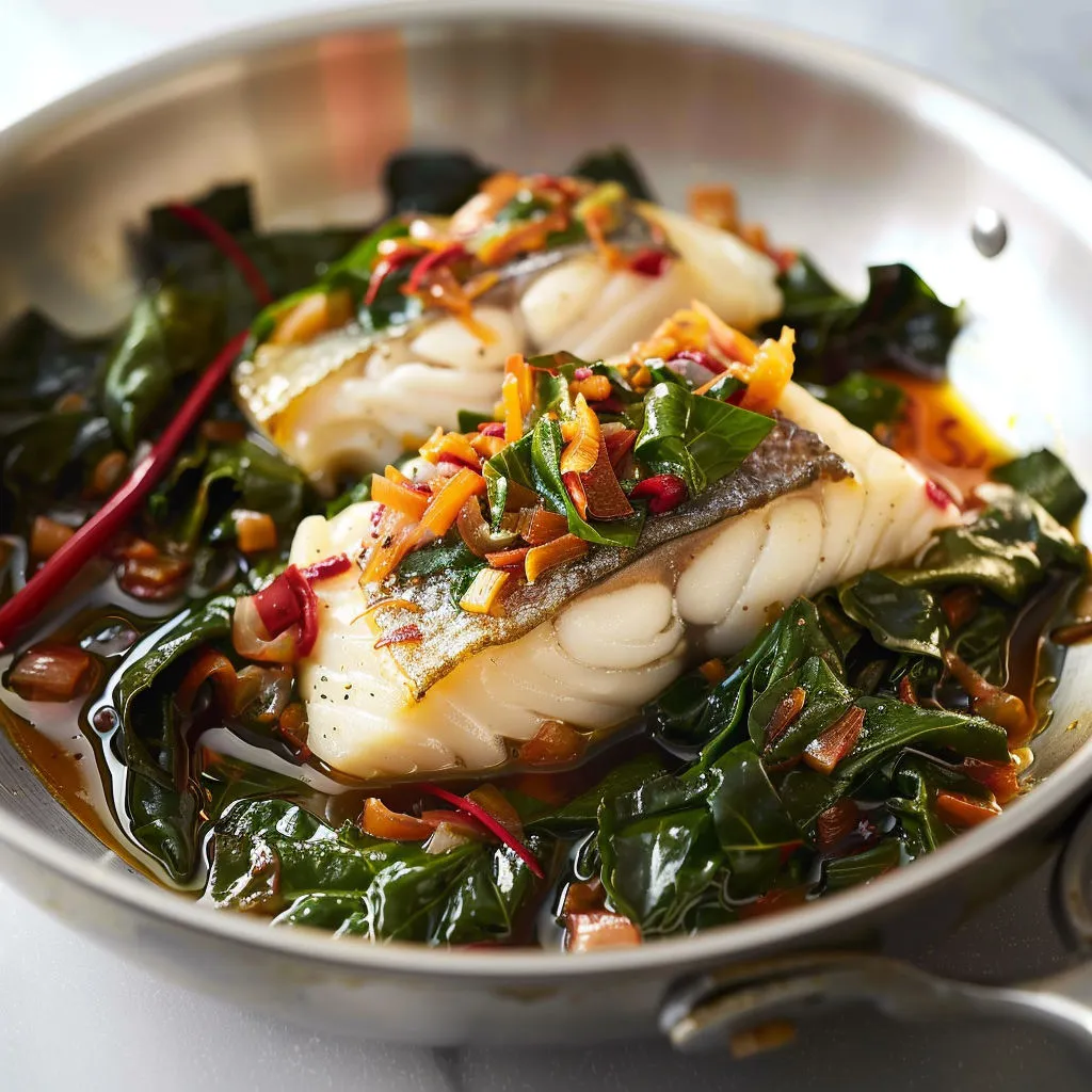 Une poêle remplie de légumes variés et de poisson dans une sauce rouge.