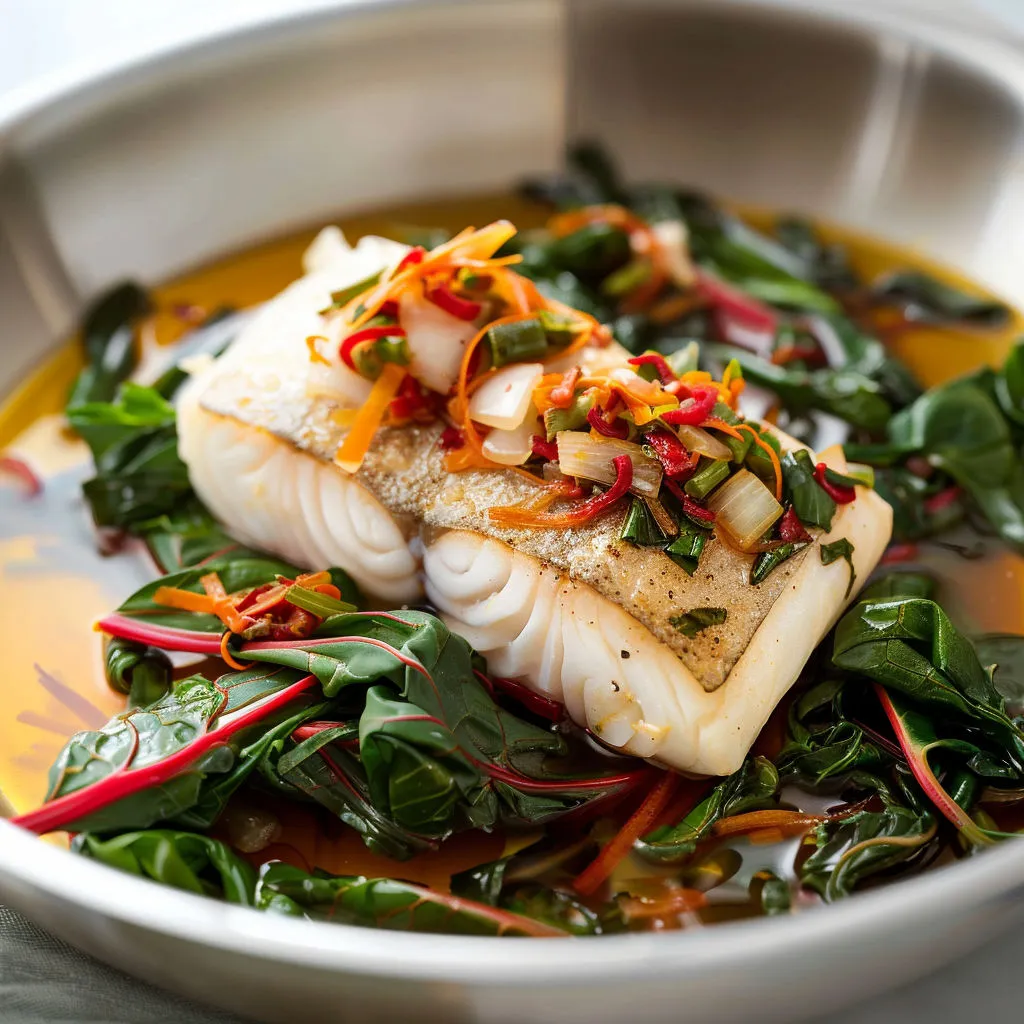 Un bol avec du poisson grillé et des légumes verts et rouges.