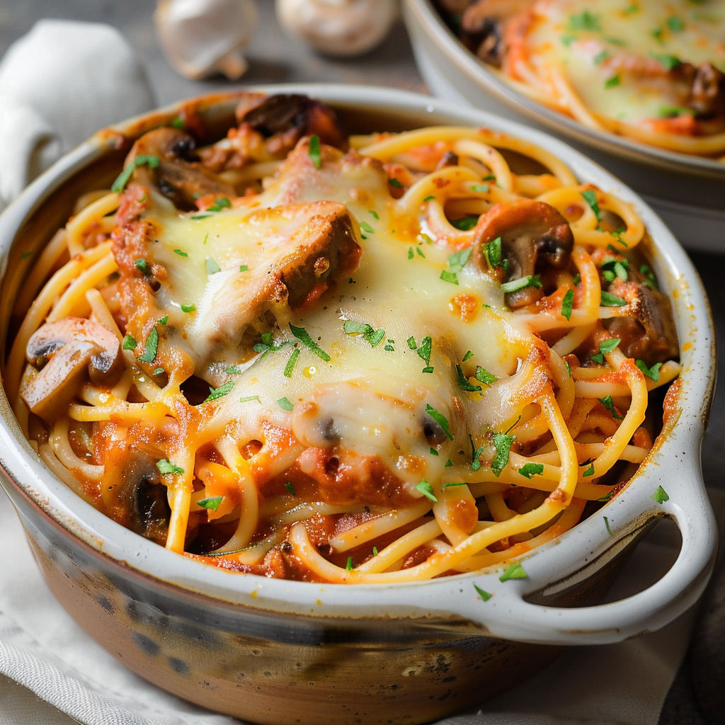 Gratin de pâtes avec veau et champignons, parsemé de fromage fondu et d’herbes fraîches.
