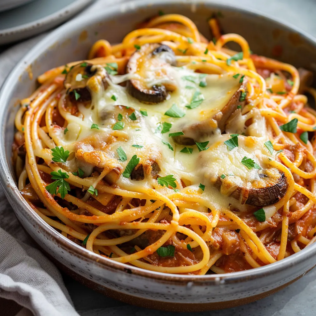 Assiette de spaghettis gratinés au veau, champignons et croûte bien fondante.