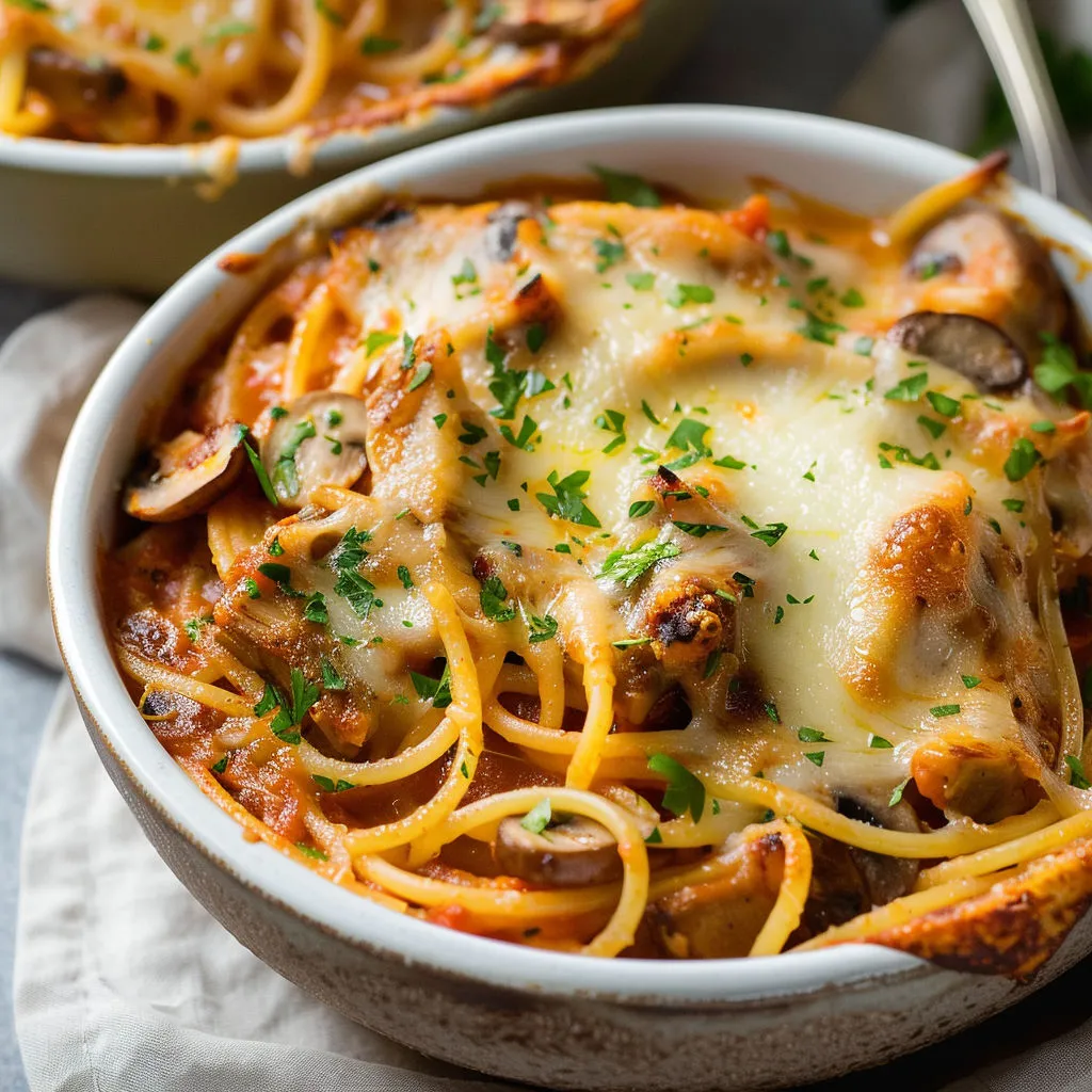 Plat de pâtes au veau mijoté et champignons, avec fromage fondu et doré.