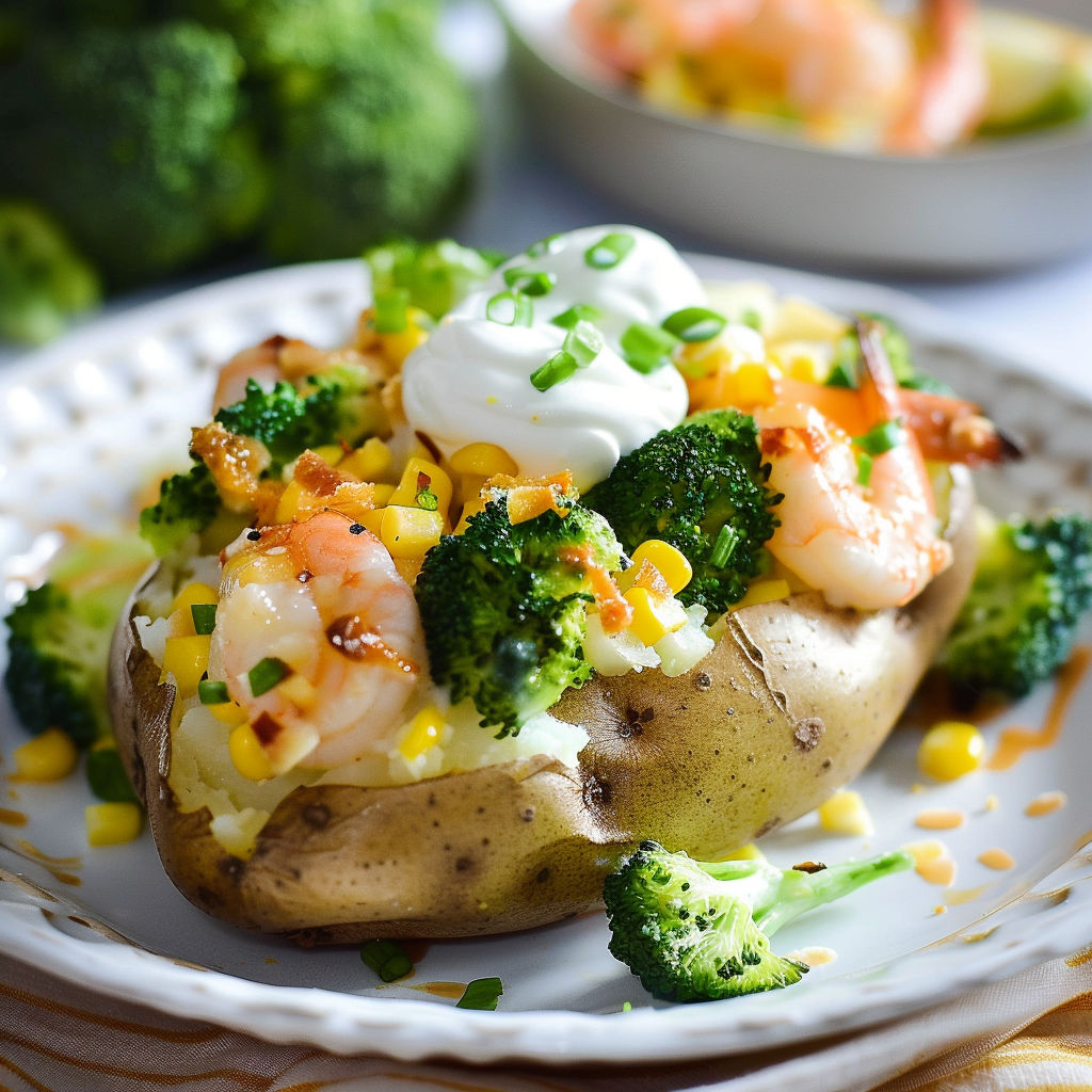 Des pommes de terre dorées farcies au brocoli, maïs et crevettes nordiques savoureuses.