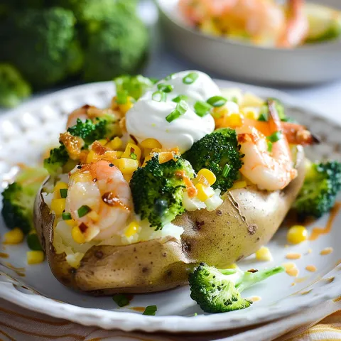 Des pommes de terre dorées farcies au brocoli, maïs et crevettes nordiques savoureuses.