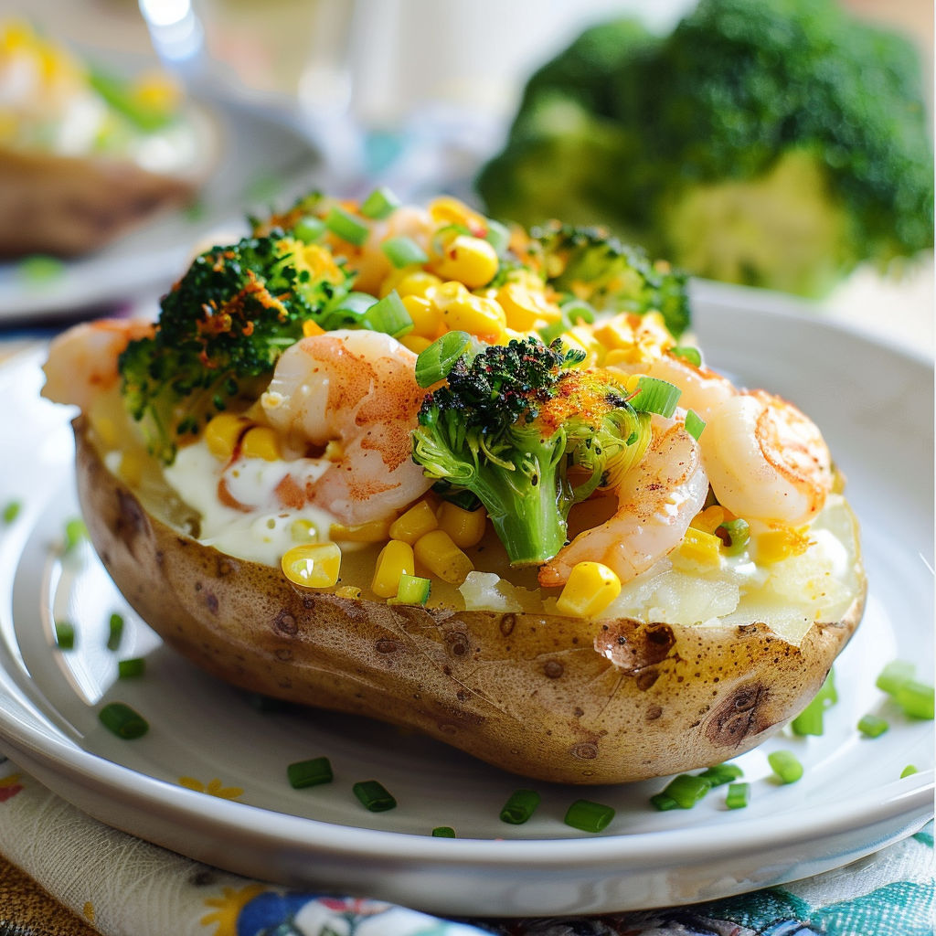 Pommes de terre garnies aux crevettes, brocoli et légumes verts.