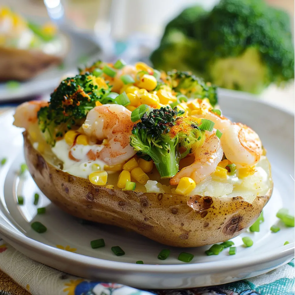 Pommes de terre garnies aux crevettes, brocoli et légumes verts.