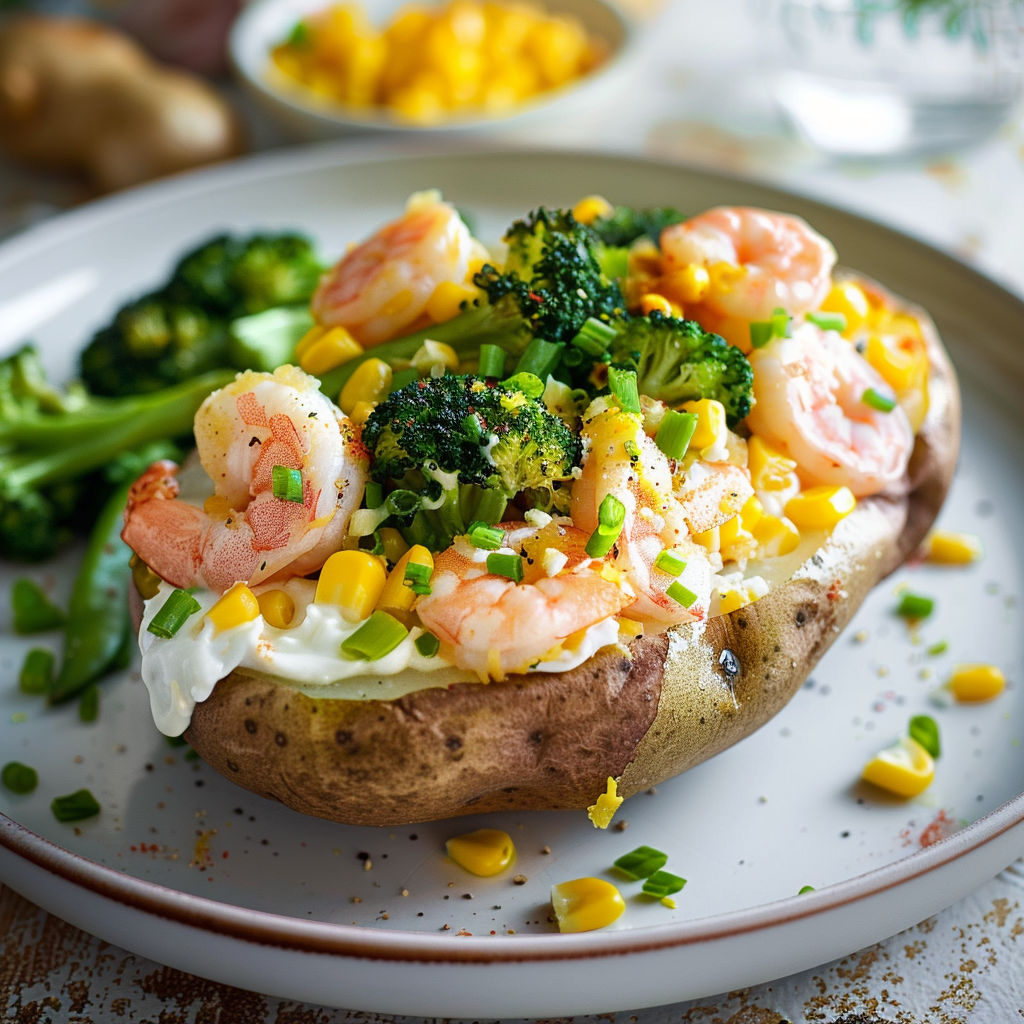 Salade fraîche aux crevettes, légumes, pommes de terre et poivrons sur plateau.