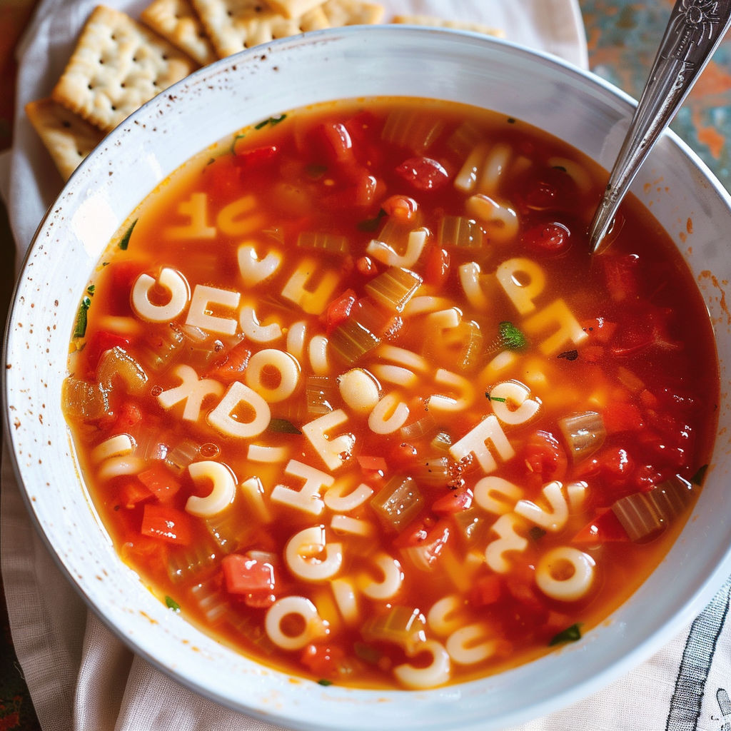 Un bol de soupe avec des pâtes en forme de lettres.