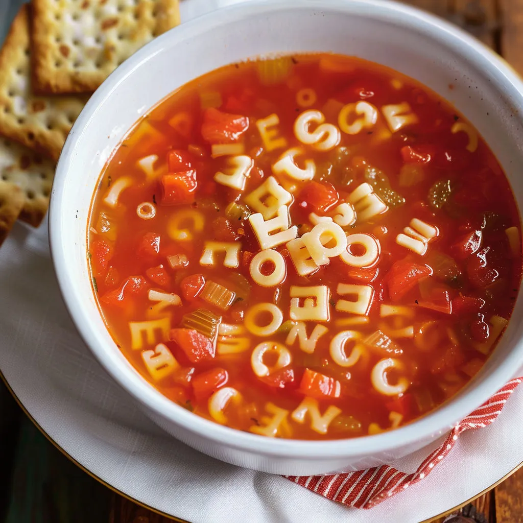 Un grand bol de soupe avec des pâtes alphabet sur une table.