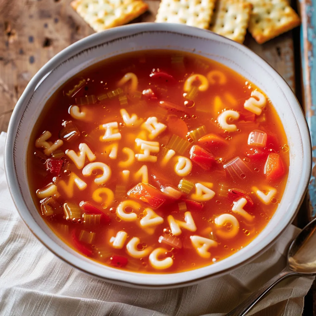 Un bol de soupe tomate-pâtes posé sur la table.