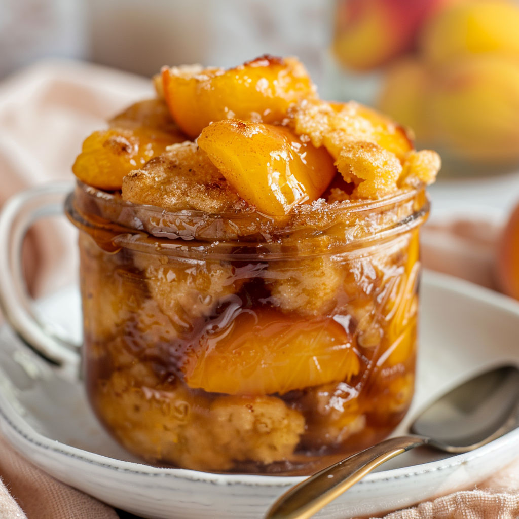 Pots individuels de cobbler aux pêches garnis de pommes croquantes, servis avec élégance.