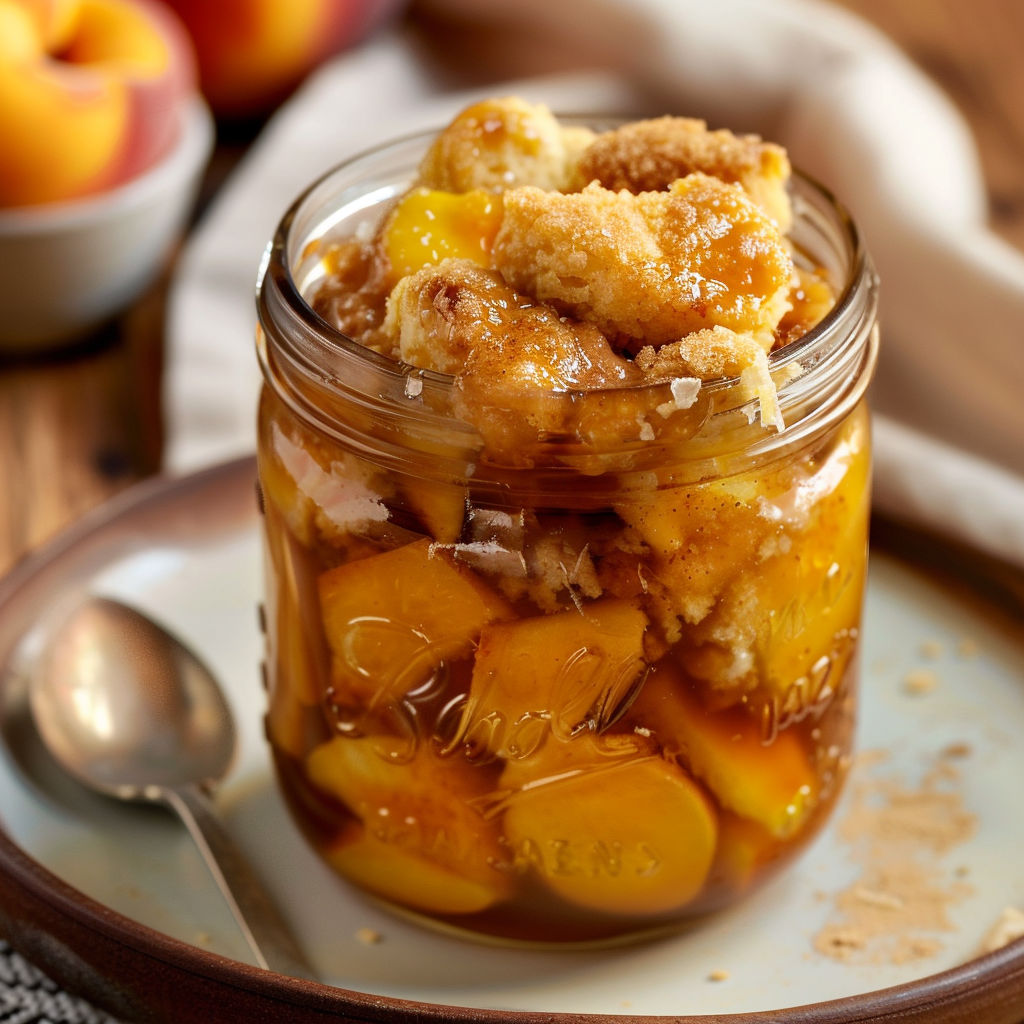 Un dessert pêche doré dans un pot en verre.