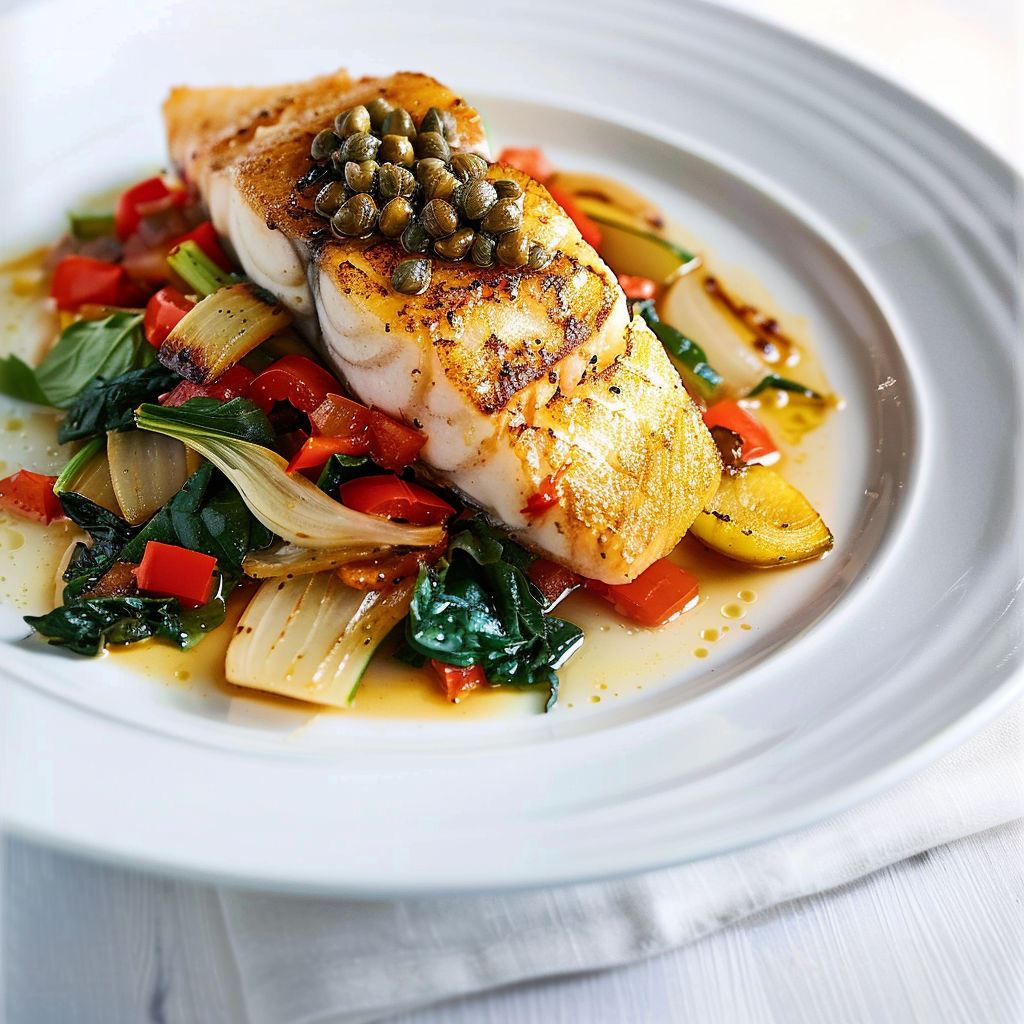 Filet de poisson doré avec légumes et beurre noisette relevé de câpres et anchois.