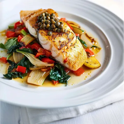 Filet de poisson doré avec légumes et beurre noisette relevé de câpres et anchois.