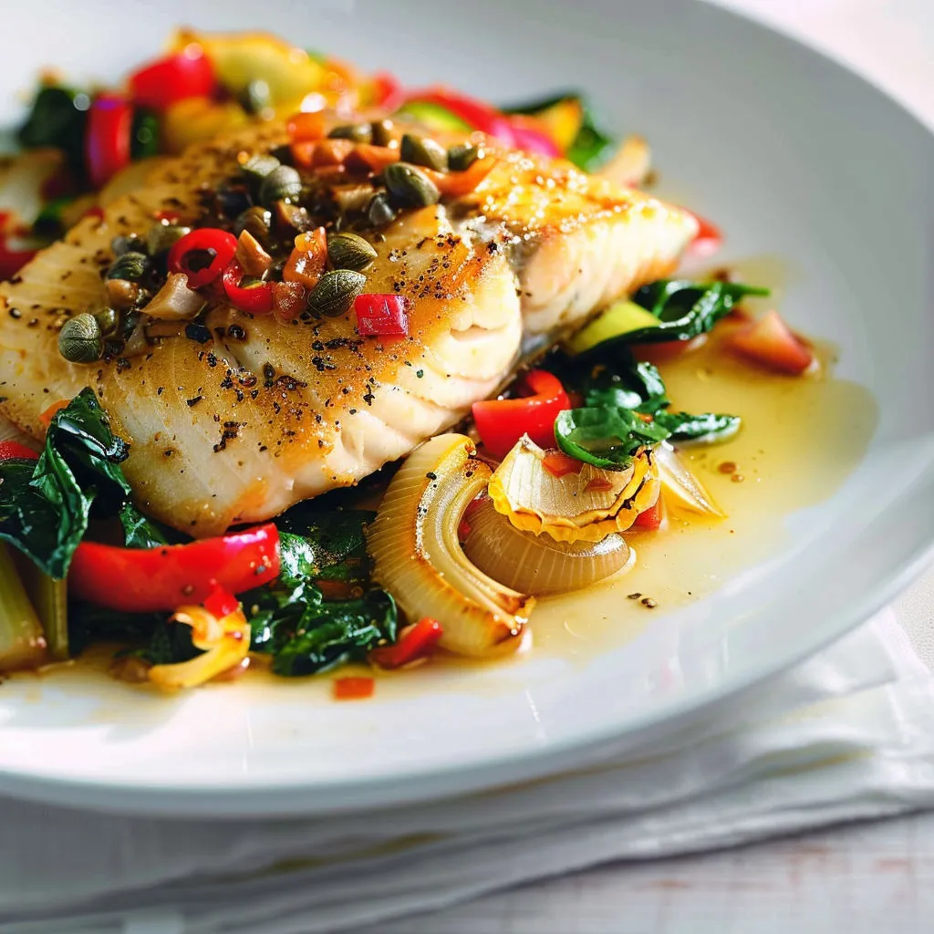 Poisson doré avec légumes verts, épices et sauce citronnée.