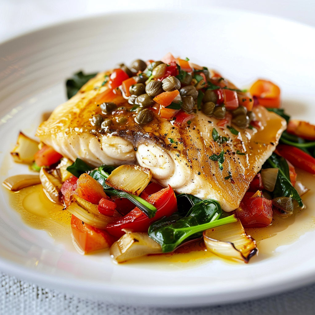 Poisson doré accompagné de légumes verts et tomates.