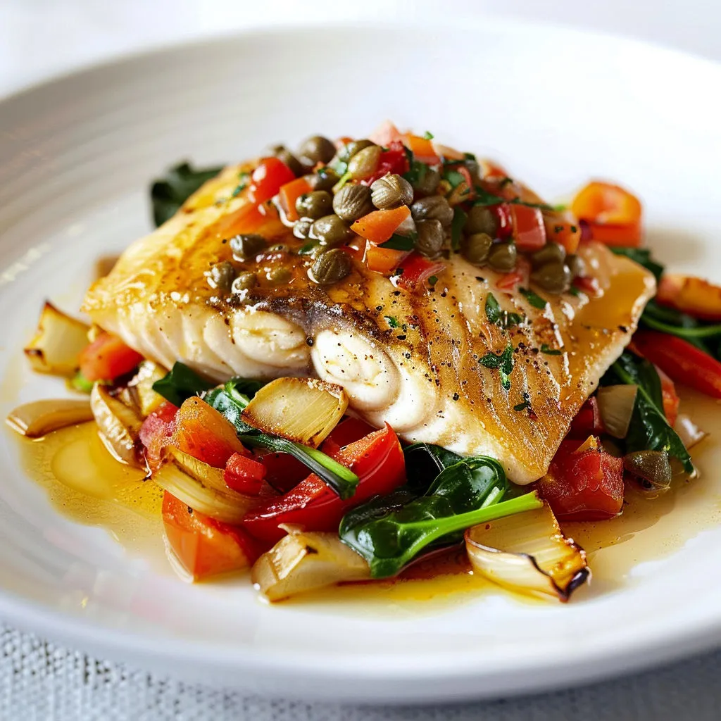 Poisson doré accompagné de légumes verts et tomates.
