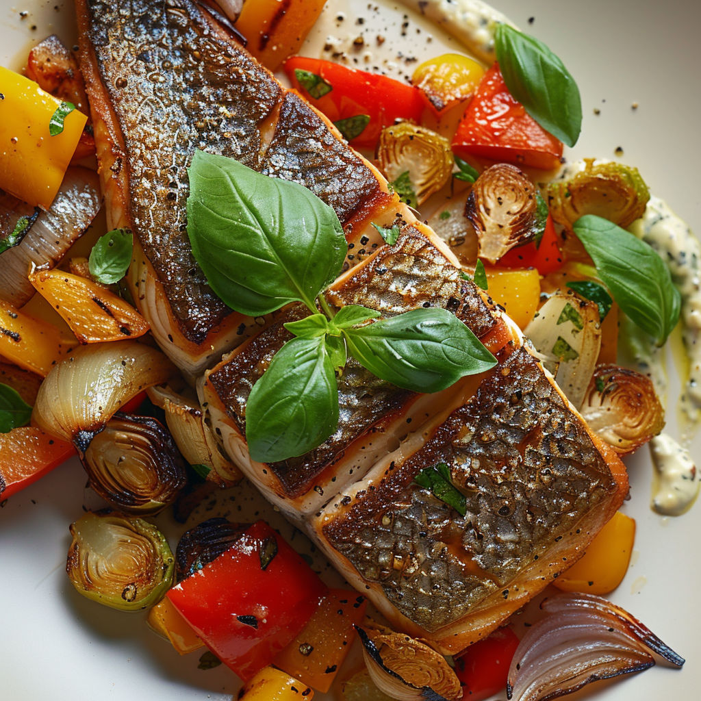 Truite cuite au four avec légumes et basilic frais.