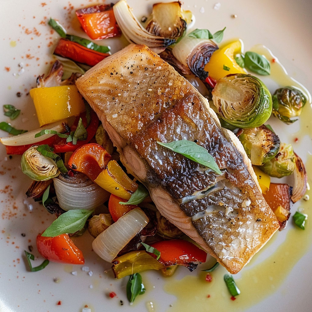 Assiette de saumon rôti, légumes verts et carottes sur table en bois