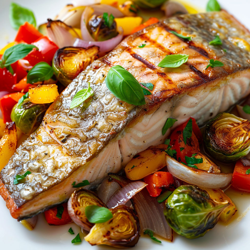 Un poisson rôti entouré de légumes verts et d’épinards avec sauce fraîche.