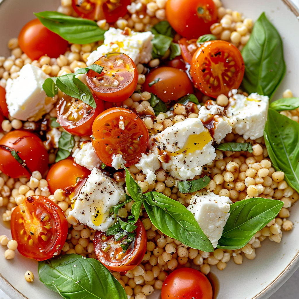 Un bol de boulgour agrémenté de chèvre, tomates cerises, feuilles de basilic et herbes vertes.