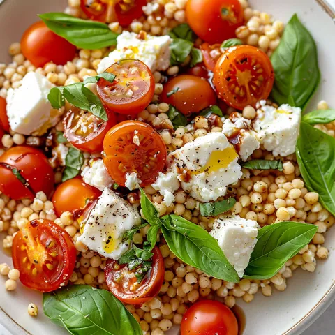 Un bol de boulgour agrémenté de chèvre, tomates cerises, feuilles de basilic et herbes vertes.