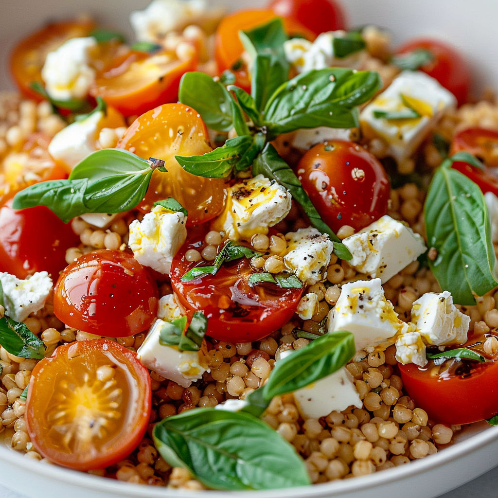 Une belle salade de tomates et pâtes fraîches, parsemée de basilic et d’huile d’olive, dans un joli bol.