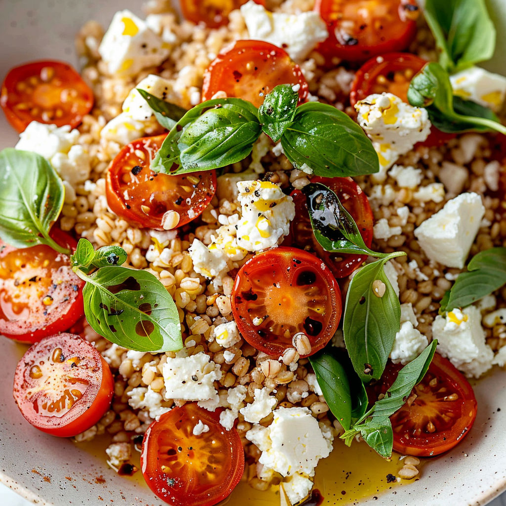 Une salade fraîche à base de tomates et quinoa avec des herbes vertes.