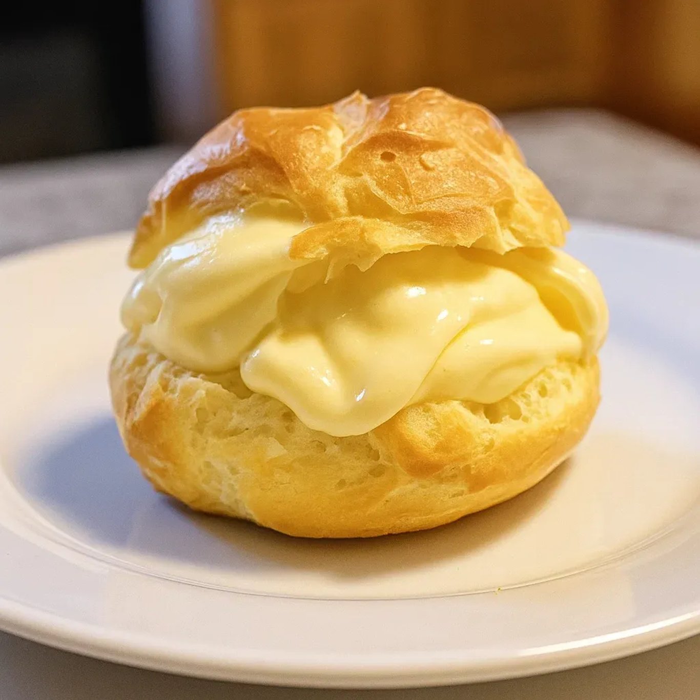 Choux dorés garnis de crème vanillée sur un plateau.