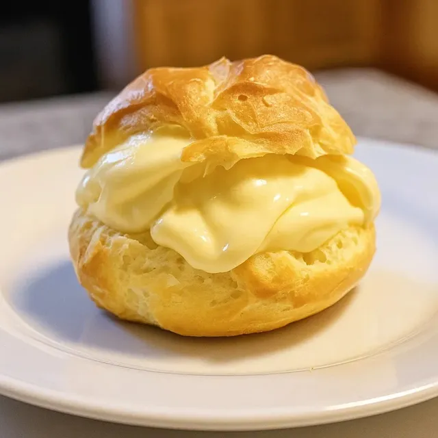 Choux dorés garnis de crème vanillée sur un plateau.