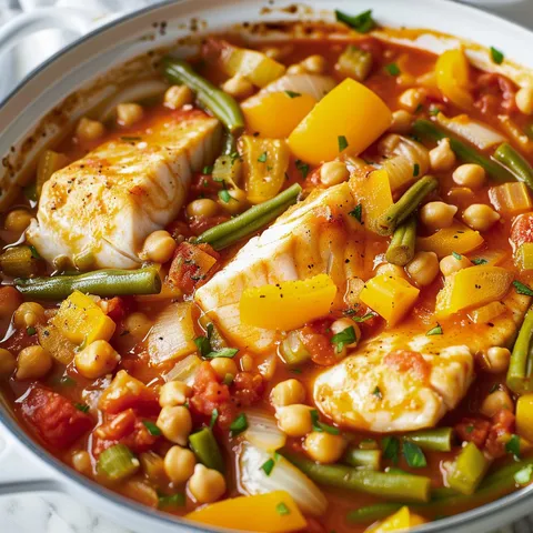 Plat de poisson tendre mijoté avec des haricots verts et des tomates juteuses.