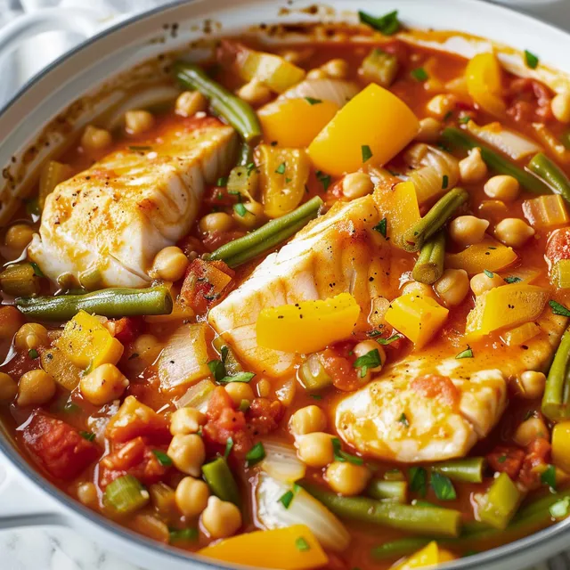 Plat de poisson tendre mijoté avec des haricots verts et des tomates juteuses.