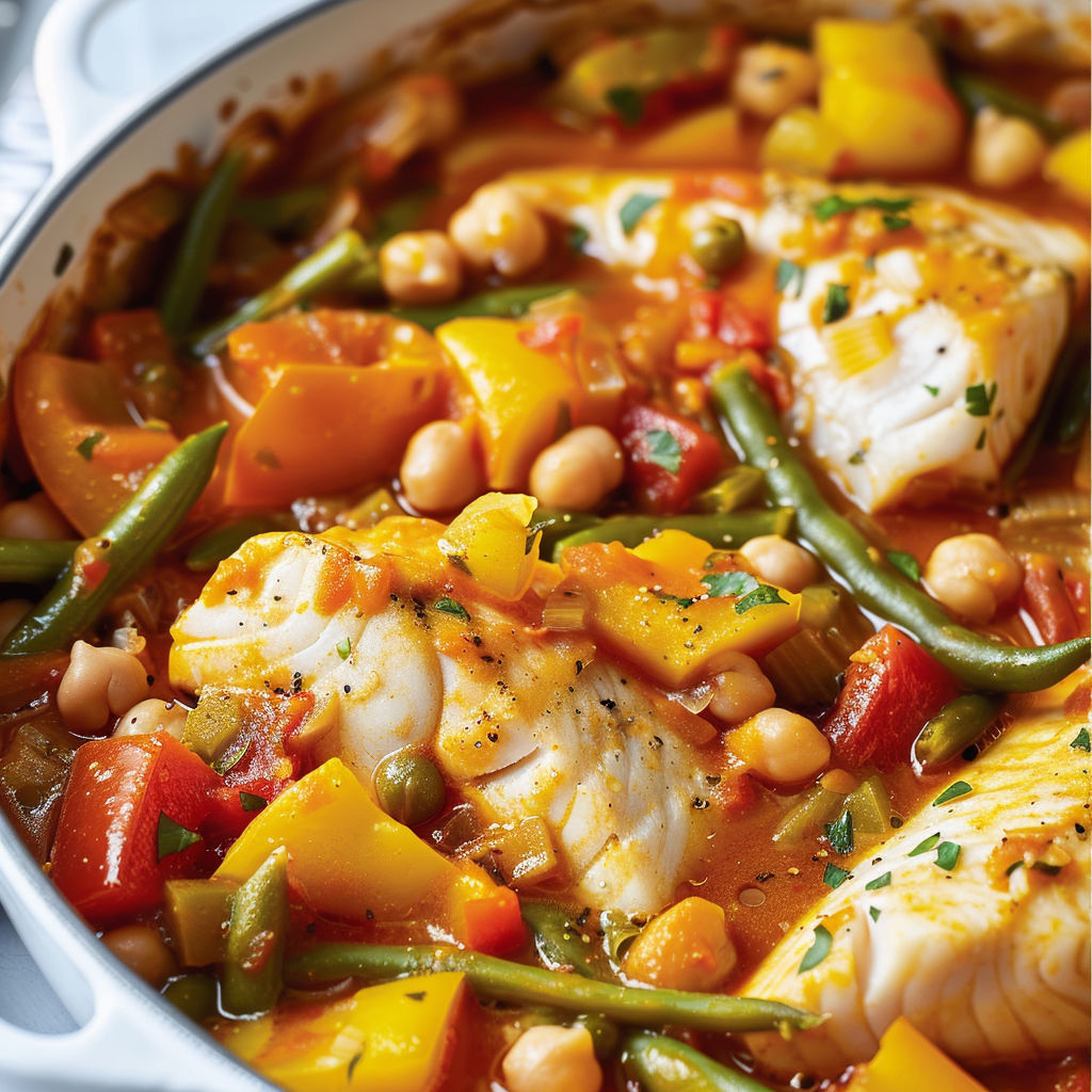 Un joli bol de poisson et légumes, haricots verts, poivrons et carottes.