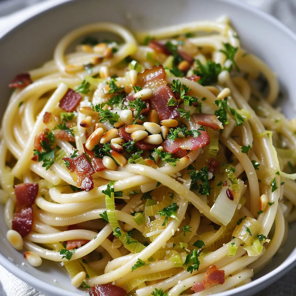 Délicieuses pâtes bucatini avec poireaux, bacon croustillant et noix grillées.