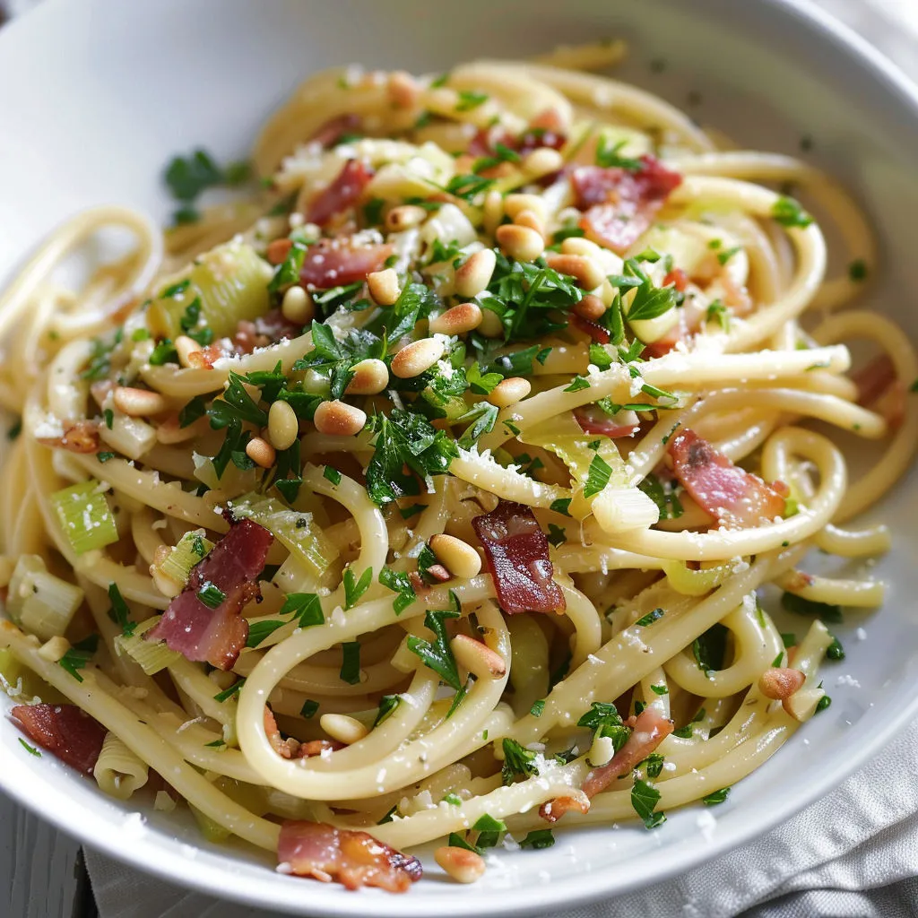 Une belle assiette de spaghettis garnis de légumes et de bacon, nappée d'une sauce onctueuse.