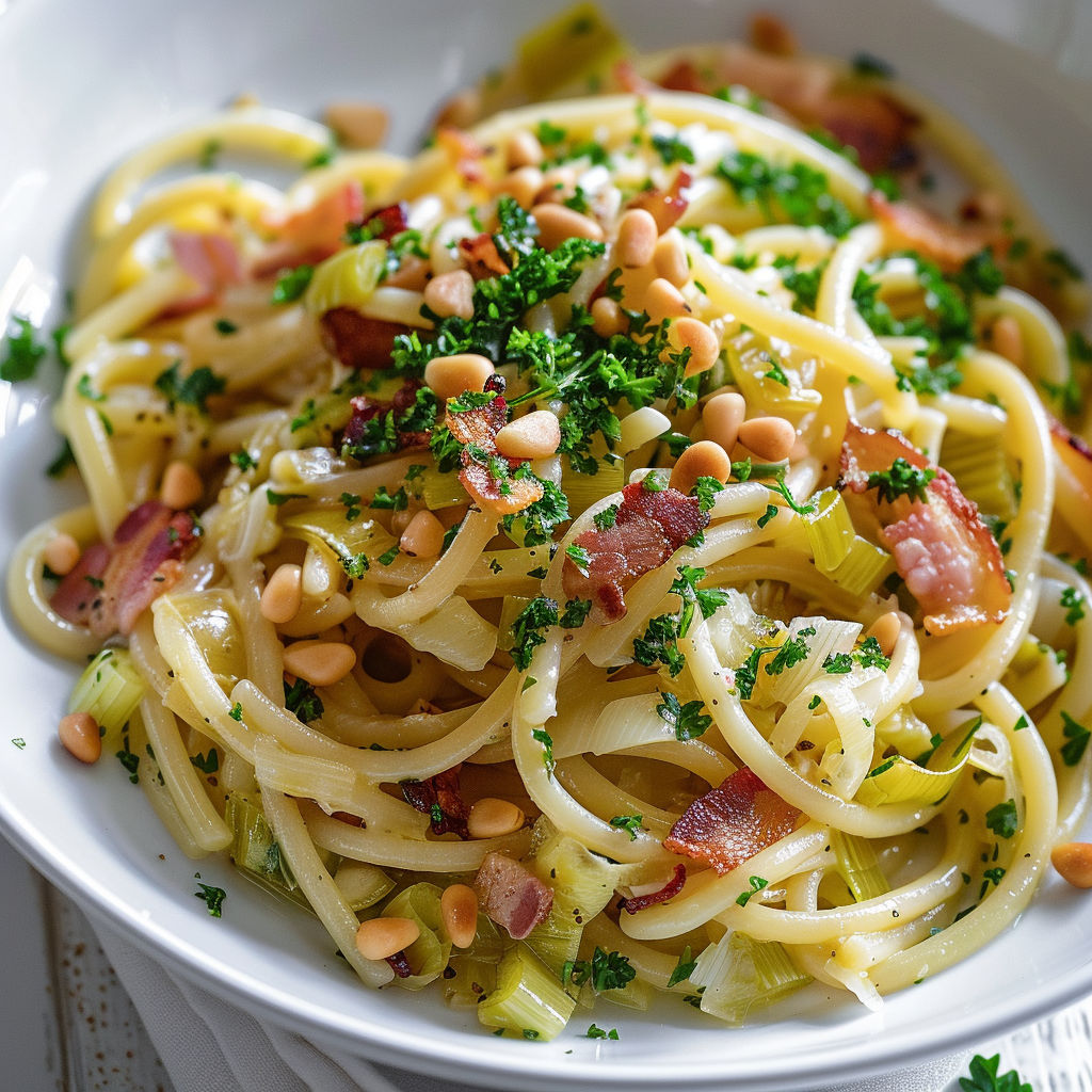 Un plat de spaghettis à la sauce tomate et bacon servi dans un bol blanc.