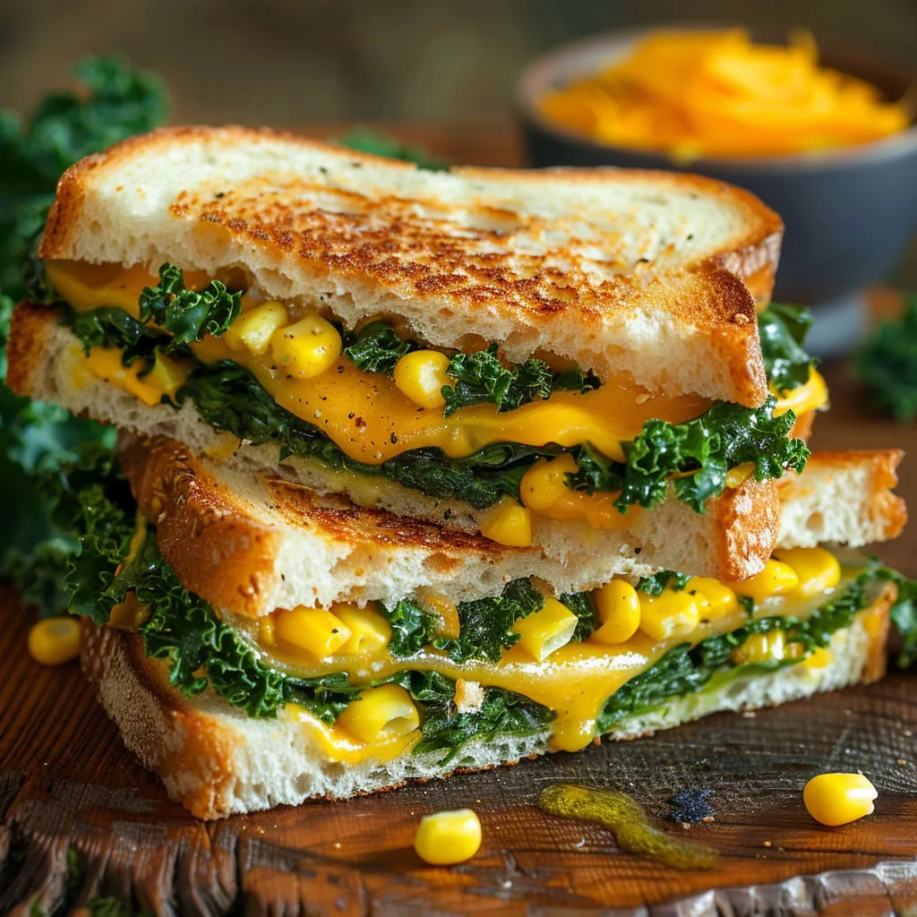 Un sandwich au fromage grillé garni de kale, présenté sur un plateau.