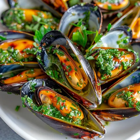 Assiette de moules grillées avec une sauce verde, accompagnement gourmand estival.