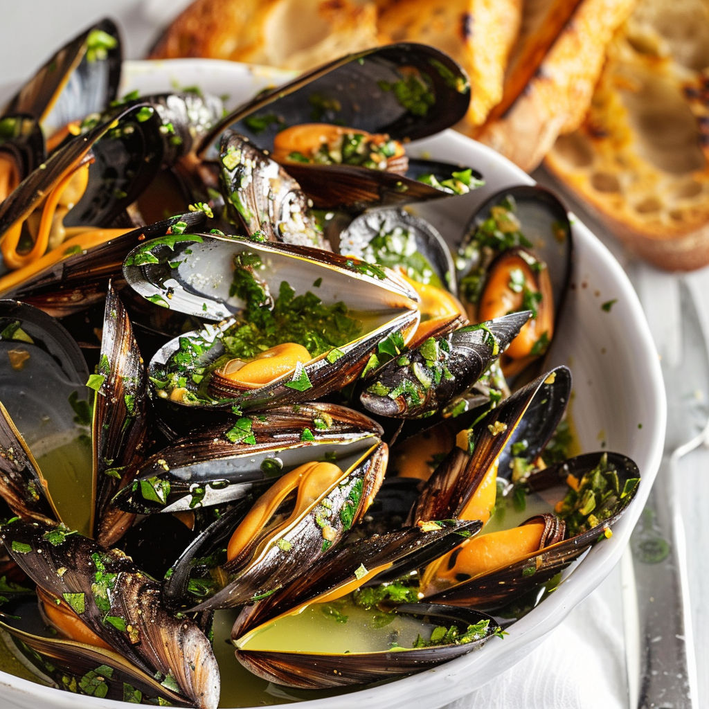 Une assiette de moules assaisonnées d’herbes fraîches et des tranches de pain grillé.