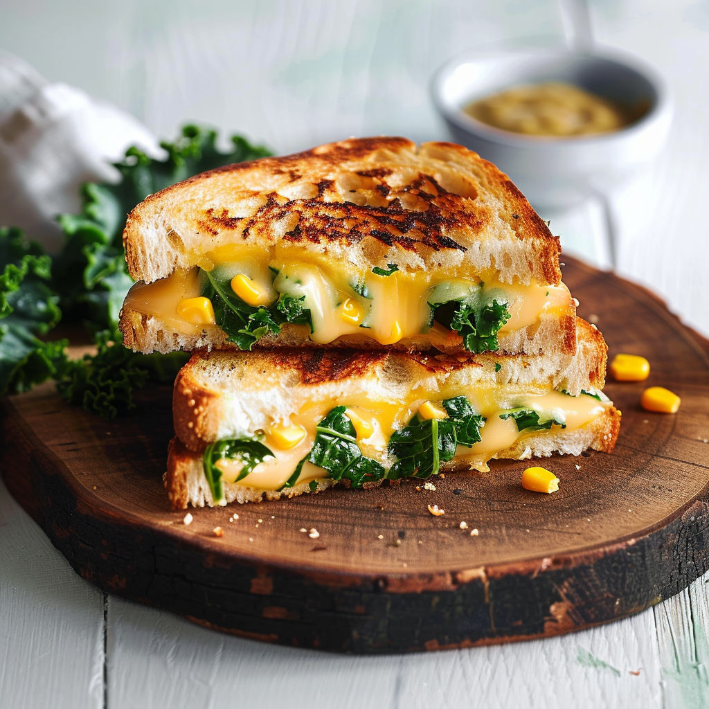 Un sandwich garni de chou frisé et fromage posé sur une planche en bois.