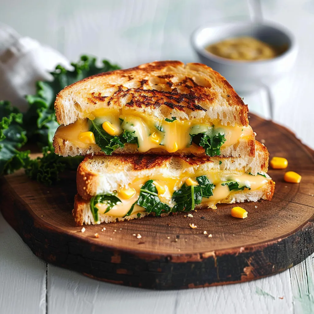 Un sandwich garni de chou frisé et fromage posé sur une planche en bois.