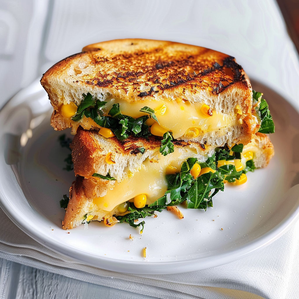 Un morceau de sandwich doré au chou frisé et maïs posé sur une assiette blanche.