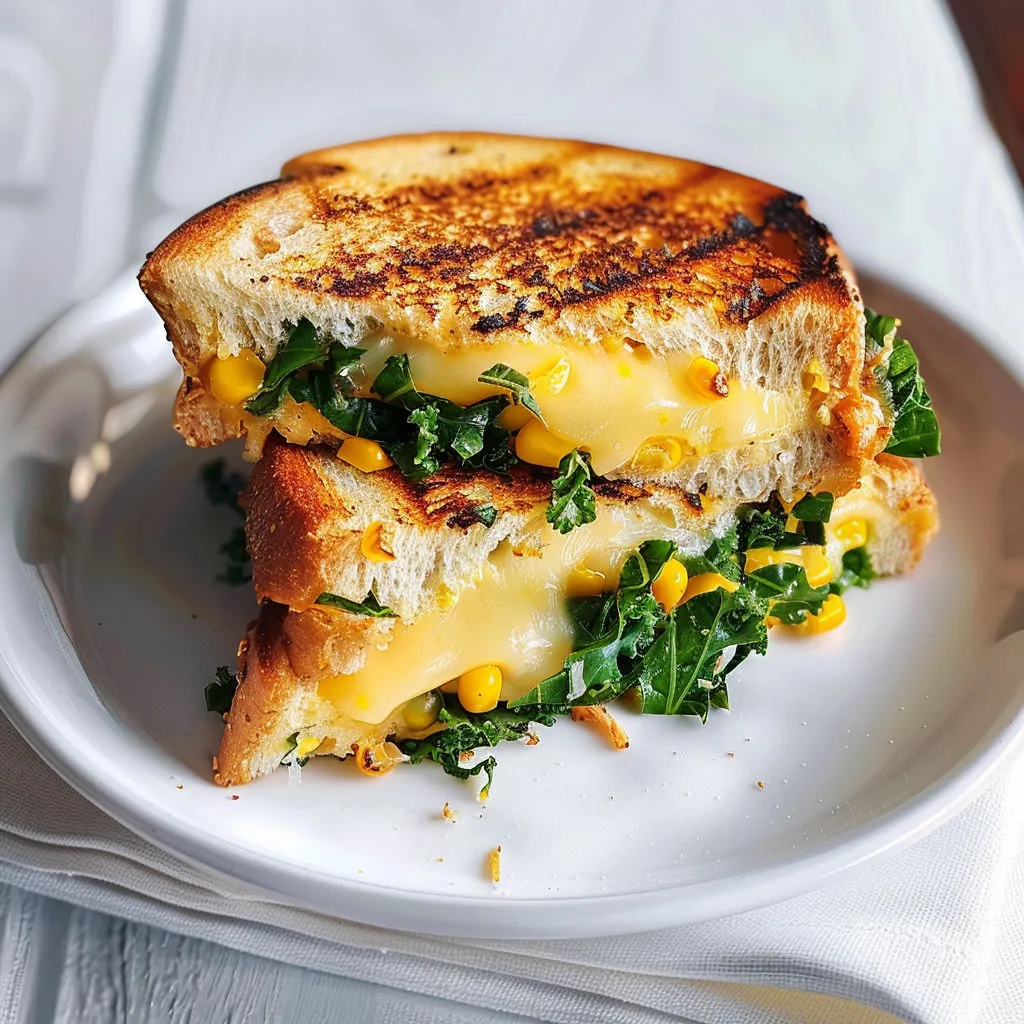 Un morceau de sandwich doré au chou frisé et maïs posé sur une assiette blanche.
