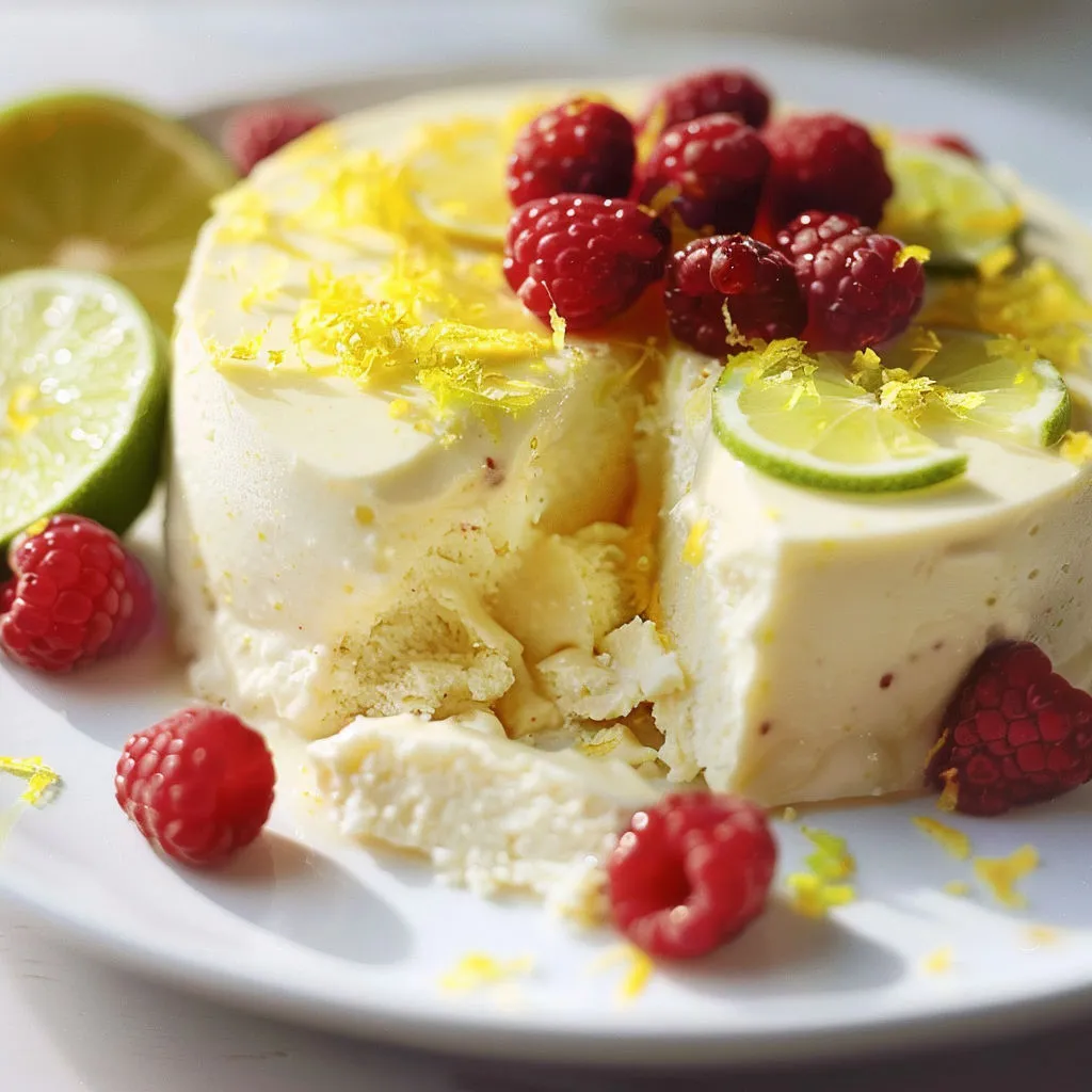 Un dessert glacé citron-lime avec fruits rouges frais servi sur un plat.