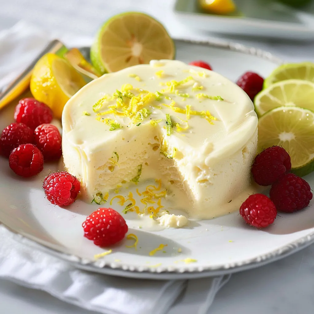 Tarte glacée citron-lime façon parfait, surmontée de fruits rouges et de citrons, servie sur un plateau.
