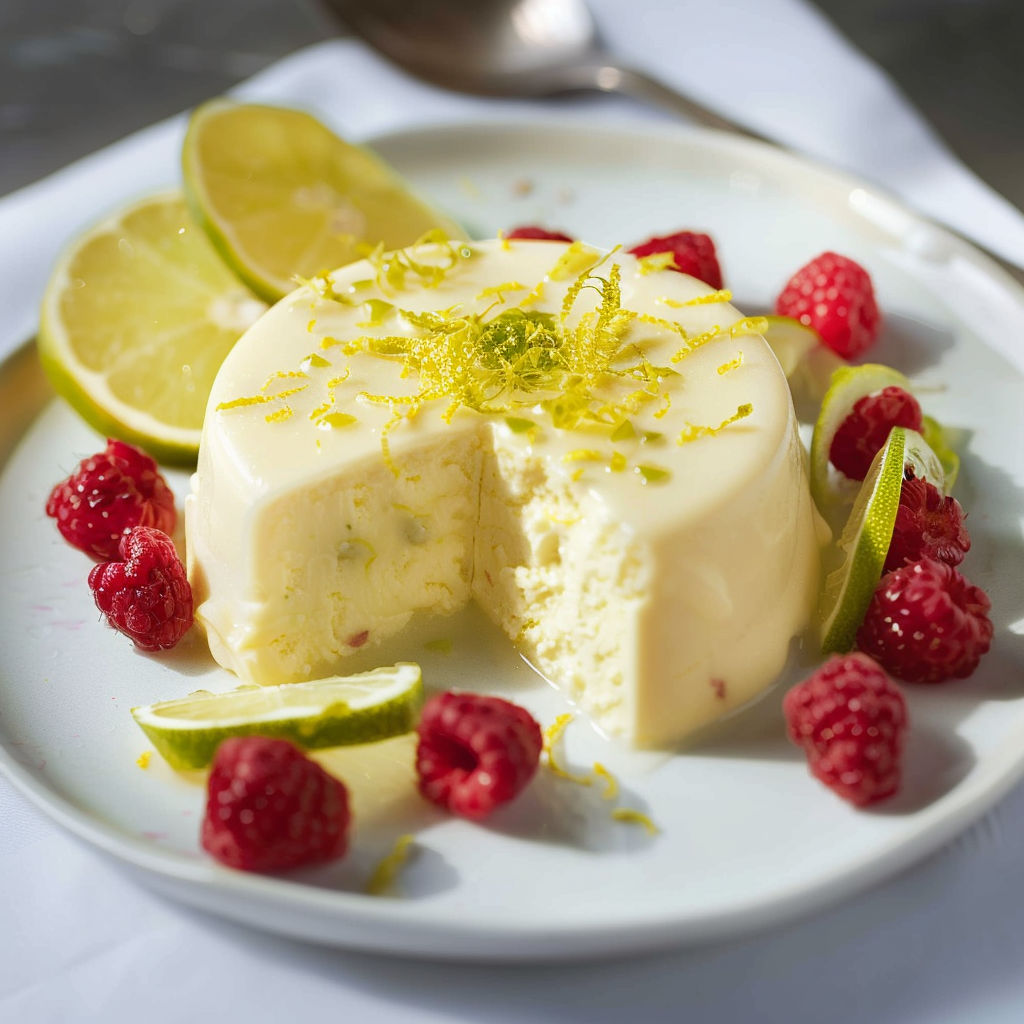 Une tarte aux agrumes et framboises présentée sur un plateau avec des fruits frais.