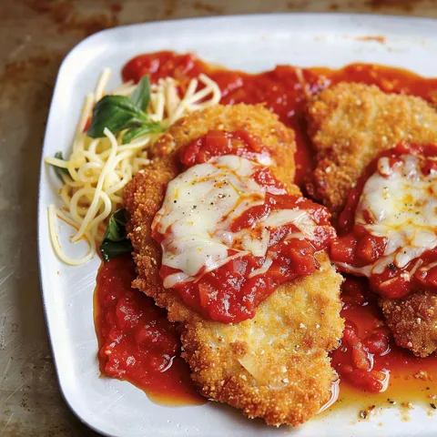 Poulet pané croustillant à la tomate et au fromage.