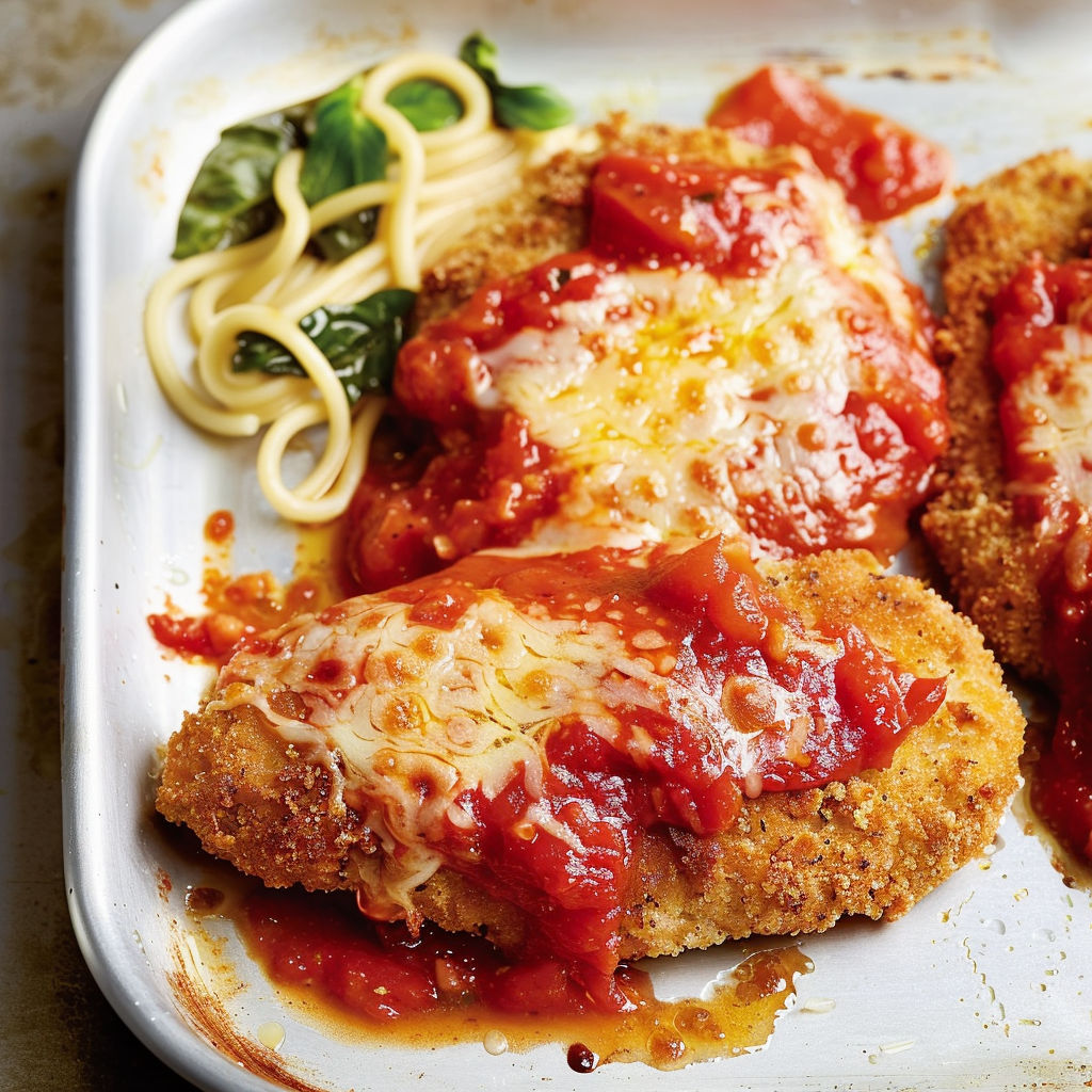 Des escalopes au fromage avec des pâtes et de la sauce tomate sur un plat.